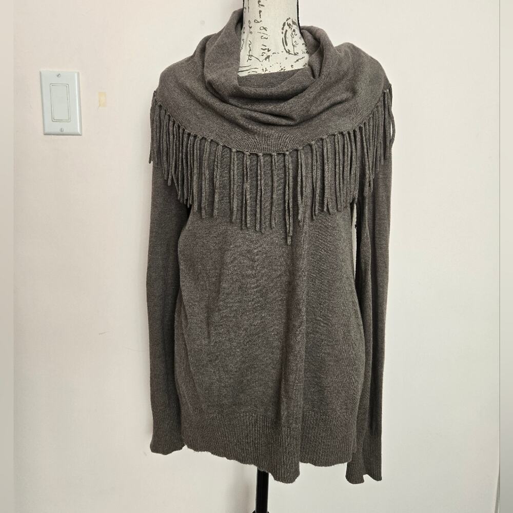 Andrea Jovine Womens Fringed Cowl Neck Longsleeve Sweater Beige Wool Blend Large